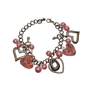 Silver Tone Pink Faux Pearl Heart Metal And Acrylic Charm Bracelet - 7 Inches